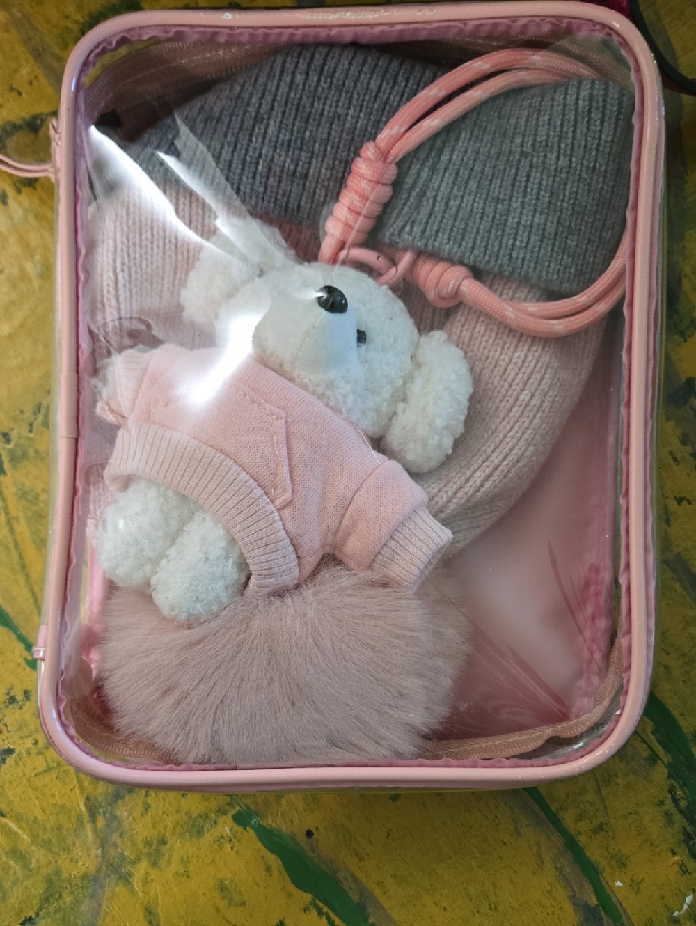 Anastasia Pale Pink Cosmetic Pouch with Gold Logo Touque And Teddy Key Chain.